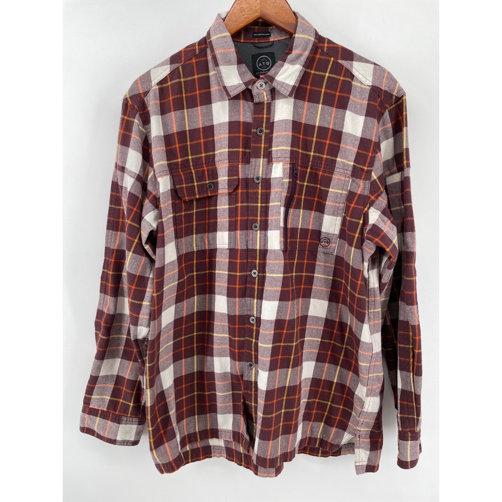 Wrangler ATG Flannel Shirt Mens Large Burgundy Plaid Elbow Patch Outdoor Utility